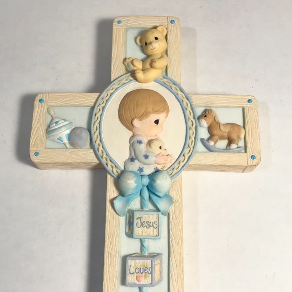 Vintage Baby Boy Cross Jesus Loves Me Precious Moments 8 x 5" Teddy Bear Blue - Picture 5 of 16